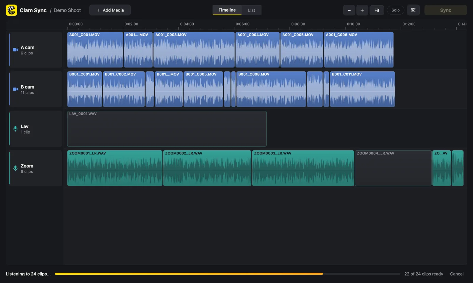 Clam Sync reading a shoot: one track per camera and recorder, waveforms filling in