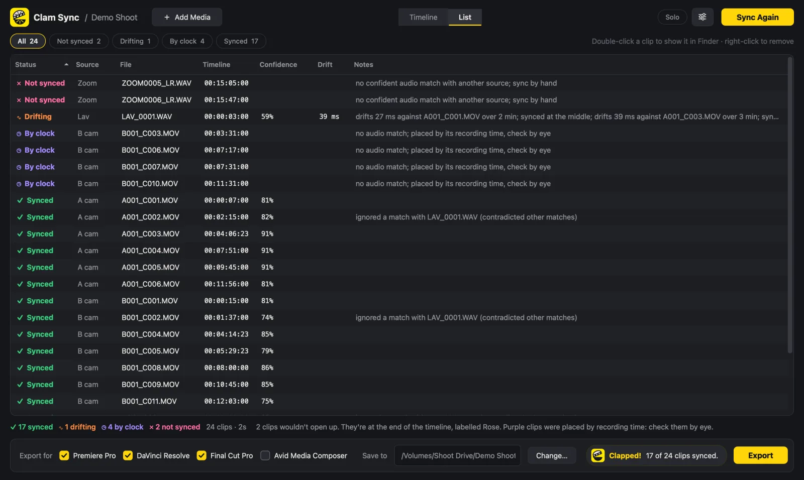 The list view: every clip with its status, source, position, confidence and notes