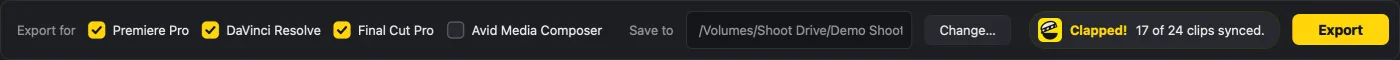 The export bar: tick boxes for each editor, the save folder and the Export button